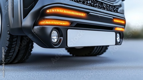 Close-up of a modern truck's front bumper with illuminated turn signals, showcasing a sleek design and high-performance features. number, registration, license plate mockup