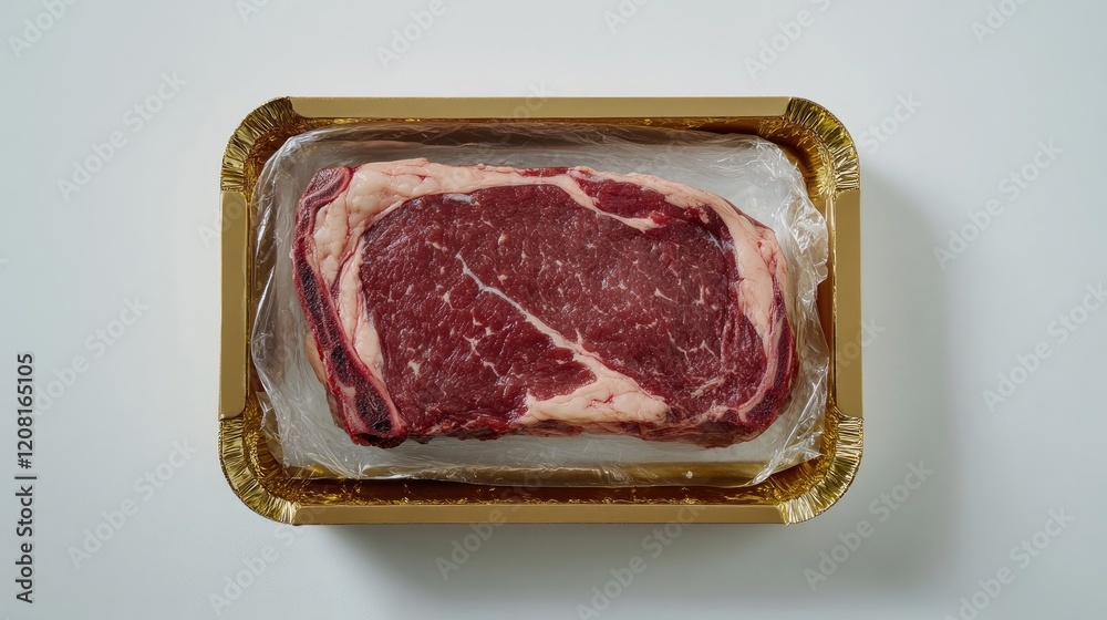 Premium beef ribeye packaged in a sophisticated gold-edged box with clear film, placed against a white background Premium beef ribeye packaged in a sophisticated gold-edged box with clear film, placed against a white background