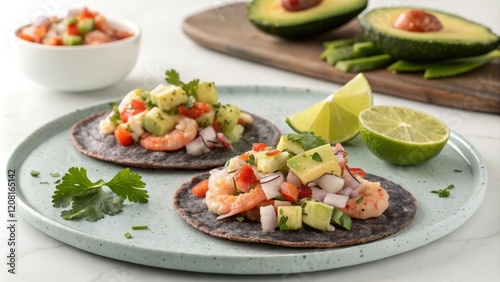Blue corn tostadas topped with spicy seafood salad and diced avocado, topping, avocado, seafood salad