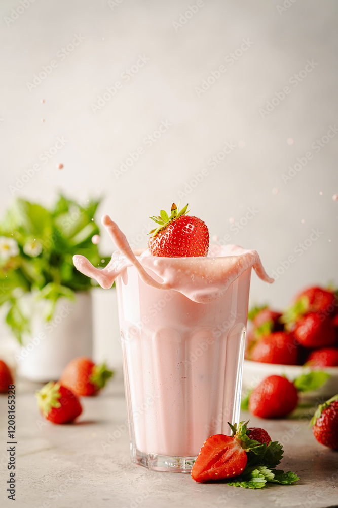 Glass of fresh strawberry splashing milkshake, smoothie and fresh strawberries on light background. Healthy food and drink concept. Glass of fresh strawberry splashing milkshake, smoothie and fresh strawberries on light background. Healthy food and drink concept.