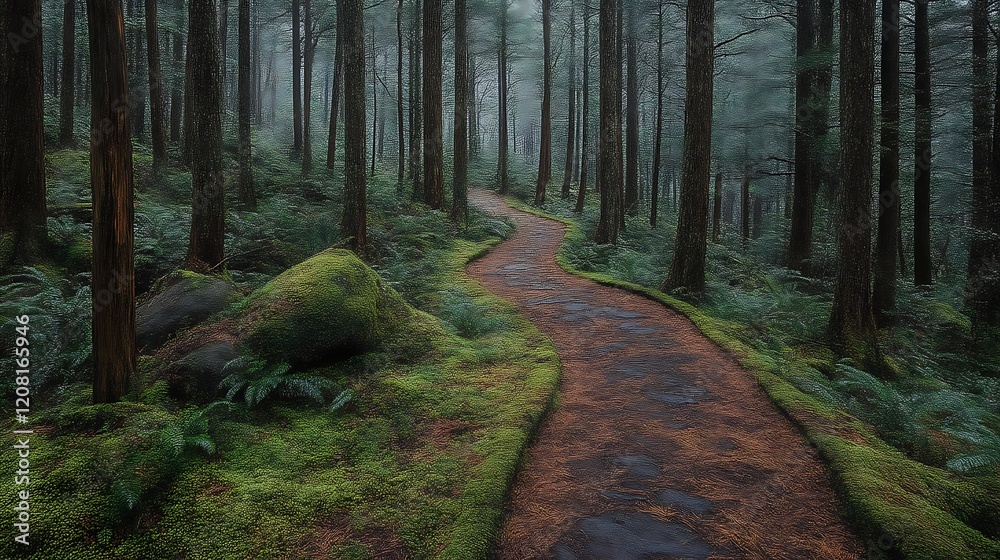 Obraz premium Winding Forest Path Through Mossy Green Woods