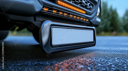 A detailed close-up of a modern vehicle's front bumper and license plate area, showcasing sleek design and advanced lighting features. number, registration, license plate mockup