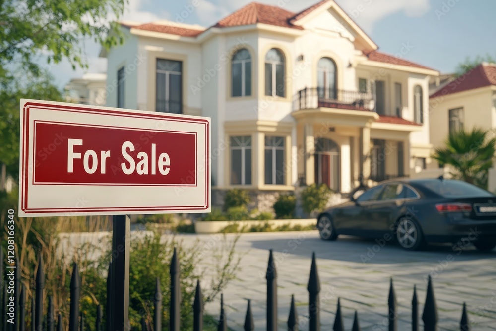 Elegant home for sale sign in bright daylight with detailed features and clear mockup space Elegant home for sale sign in bright daylight with detailed features and clear mockup space