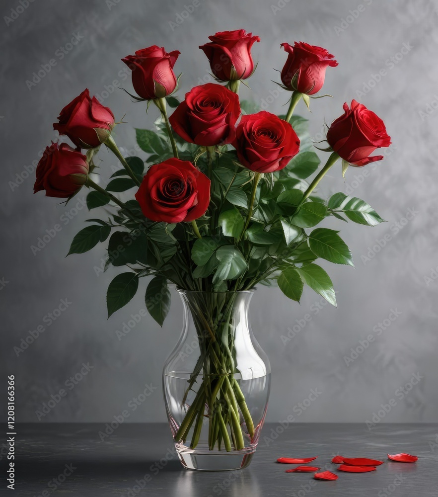 Obraz premium Bouquet of dark red roses in a sleek glass vase, elegant centerpieces, rose arrangement