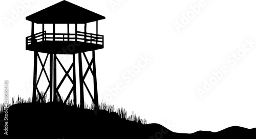 Silhouette of a Watchtower on Hillside: A minimalist vector design that represents security and nature, ideal for outdoor themes.