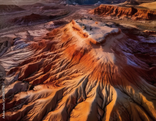 Aerial view of colorful desert landscape with ridges