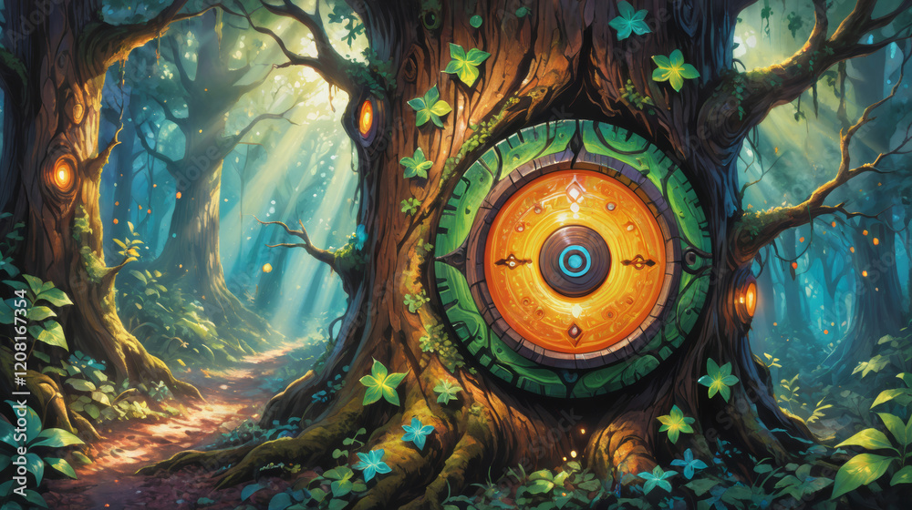 Magical Celtic portal on ancient tree, illuminated forest, Irish folklore theme, St. Patrick's Day Magical Celtic portal on ancient tree, illuminated forest, Irish folklore theme, St. Patrick's Day