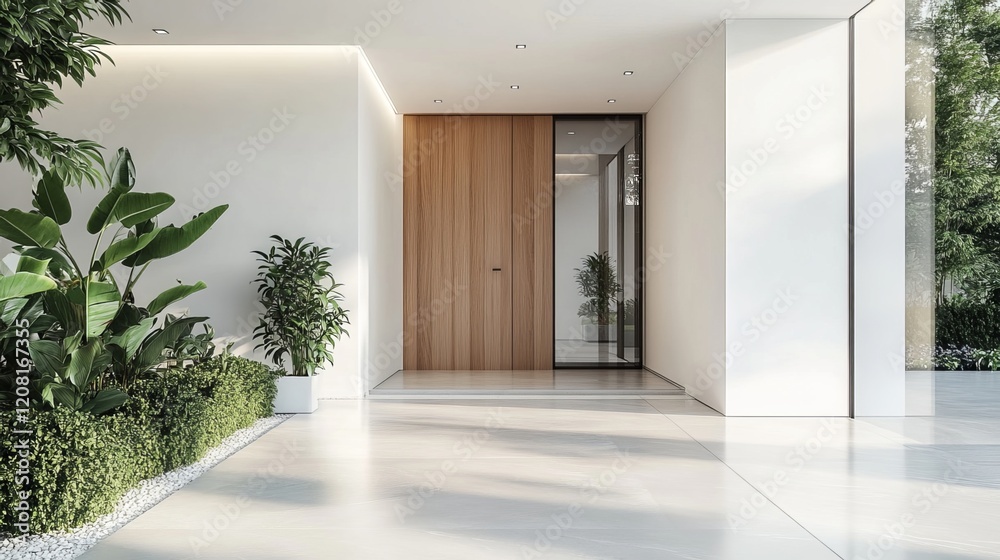 Obraz premium Newly built residence featuring a wooden front entrance and a blank, white interior. 