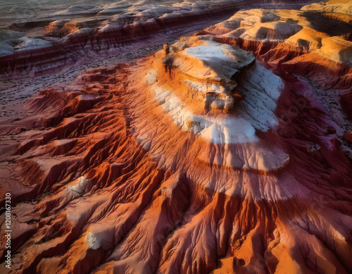 Aerial view of colorful desert landscape with ridges