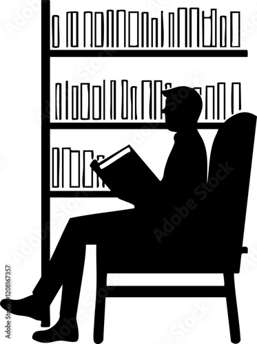 Vector silhouette of a person reading in a cozy chair with a bookshelf in the background. Ideal for educational or literary themes.