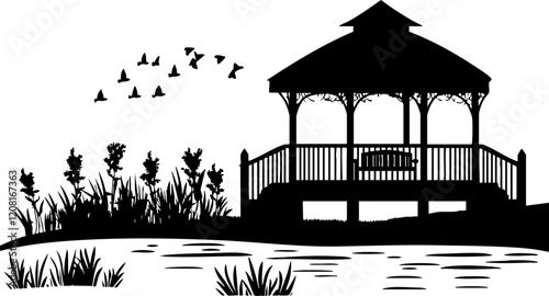 Stylized Vector Gazebo Silhouette Surrounded by Nature: Ideal for Tranquil Designs or Outdoor Themes