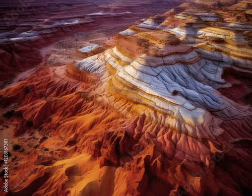 Aerial view of colorful desert landscape with ridges
