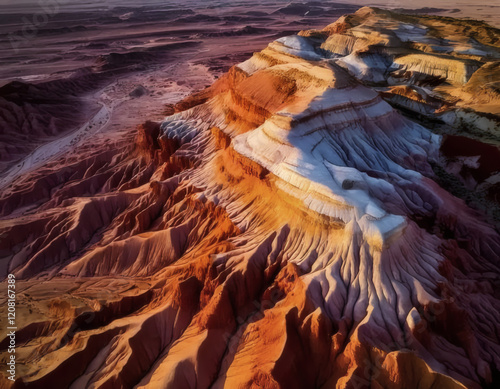 Aerial view of colorful desert landscape with ridges