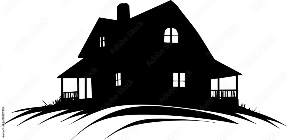 Fototapeta premium Stylized Vector House: A black silhouette of a charming home on grassy terrain, ideal for real estate or home design projects.