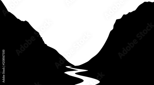 Minimalist vector landscape featuring black mountains and a winding river, perfect for backgrounds or nature-themed projects.