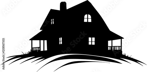 Stylized Vector House: A black silhouette of a charming home on grassy terrain, ideal for real estate or home design projects.