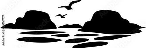 Minimalist vector landscape with silhouettes of rocks and birds, ideal for nature-themed designs.