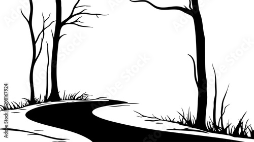 Stylized Black and White Pathway: A winding road with leafless trees, ideal for artistic and thematic projects.