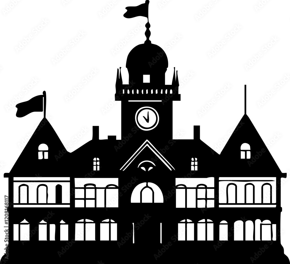 Silhouette of a Historic Building with a Clock Tower, Ideal for Architectural Projects or Illustrations Silhouette of a Historic Building with a Clock Tower, Ideal for Architectural Projects or Illustrations