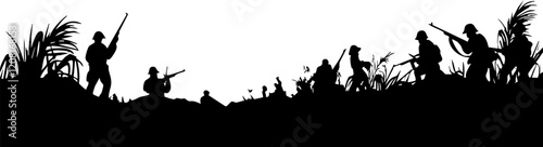 Silhouetted Soldiers in Combat: A dramatic depiction of soldiers with rifles, set against a stark background, suitable for war-themed projects.