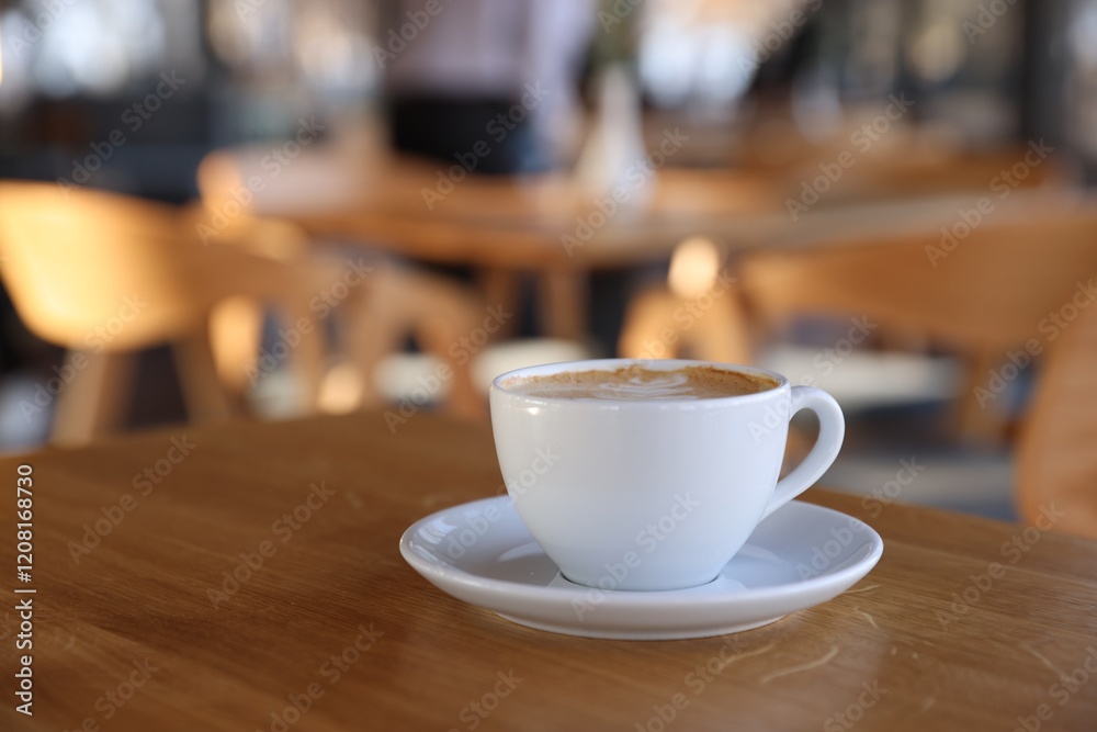 Cup of aromatic coffee on wooden table in cafe, closeup. Space for text Cup of aromatic coffee on wooden table in cafe, closeup. Space for text