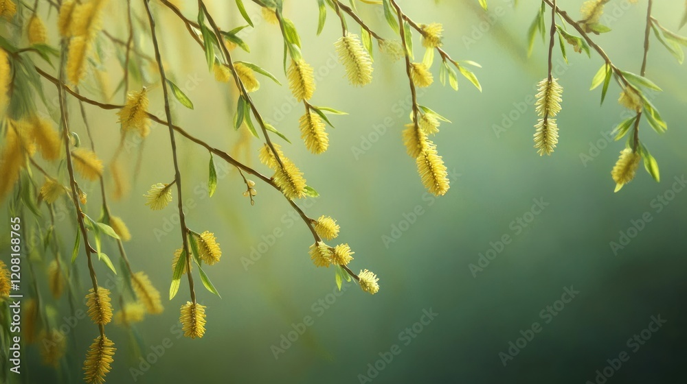 Spring willow branches, sunlight, misty background, nature scene, perfect for greeting cards Spring willow branches, sunlight, misty background, nature scene, perfect for greeting cards
