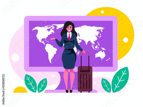 Time to travel. Businesswoman with suitcase. Business trip concept. World map on computer display. Background with monitor. Vector graphics