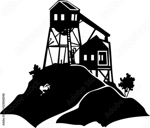 Stylized silhouette of an old mining structure on a hill, ideal for vintage themes or industrial designs.