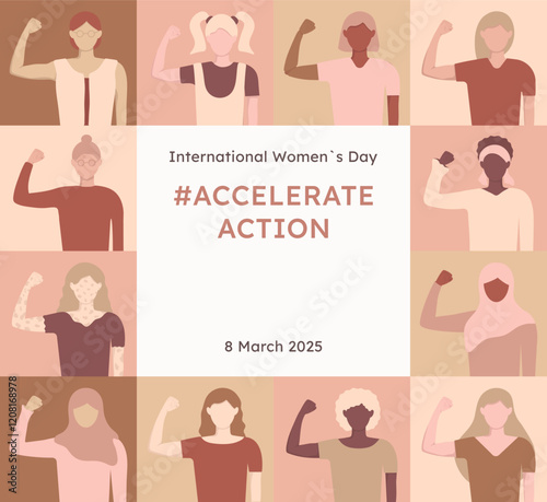 Geometric trendy AccelerateAction poster template. Square card for International Women's Day 2025. Diversity ladies show hands strength. Accelerate Action cover flyer IWD.