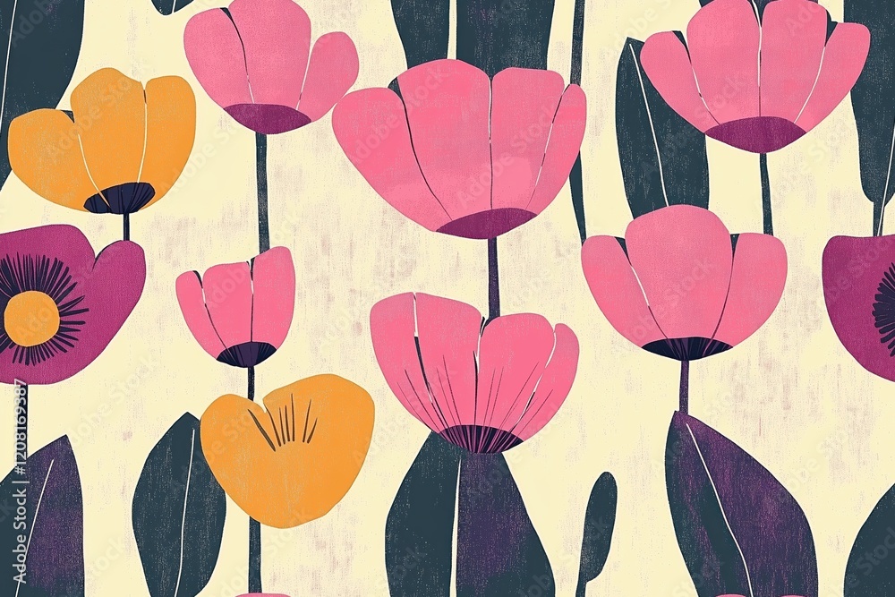 Fototapeta premium Padrão floral contínuo com flores estilizadas em tons vibrantes de rosa, laranja e preto, com folhas detalhadas em fundo claro, criado com IA generativa. 