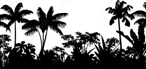 Silhouette of Tropical Plants: Black palm trees and lush foliage set against a white background, ideal for tropical-themed designs.