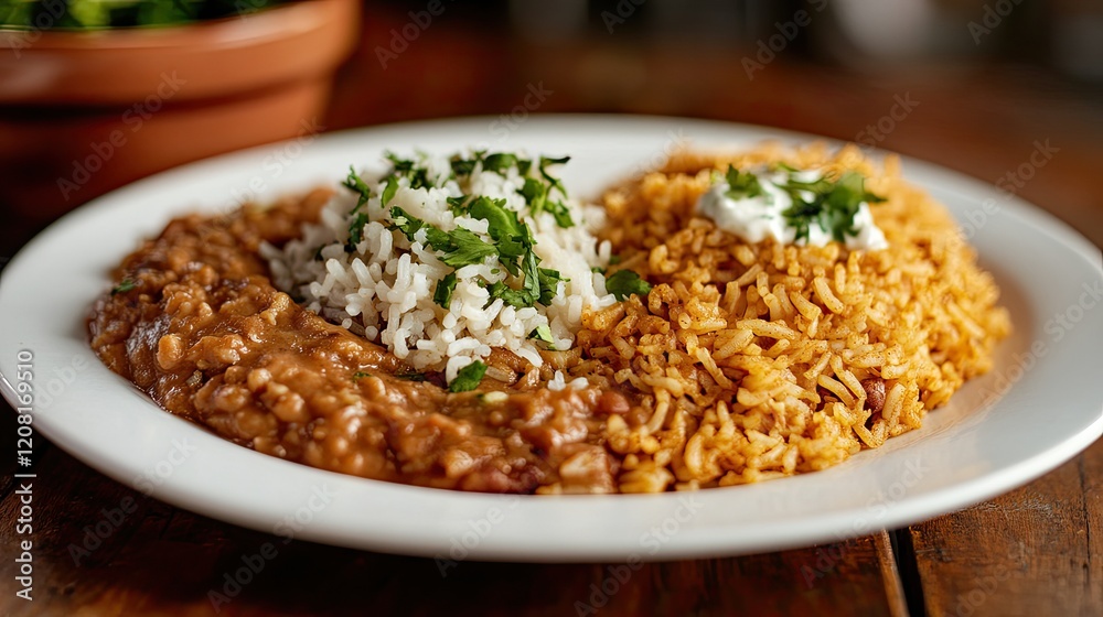Traditional Mexican rice with a side of refried beans on a clean white plate Traditional Mexican rice with a side of refried beans on a clean white plate
