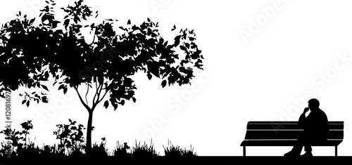 Silhouette Art: Contemplative Figure on a Bench under a Tree, Perfect for Meditation or Reflection Themes