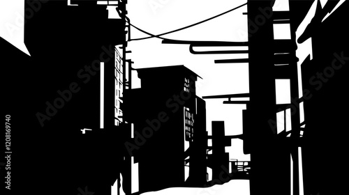 Monochrome Urban Landscape: A Silhouette of Buildings and Power Lines in High Contrast for Creative Projects