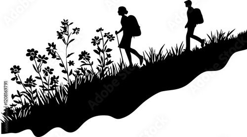 Silhouette of Hikers on a Nature Trail with Floral Accents - Perfect for Outdoor Adventure Themes