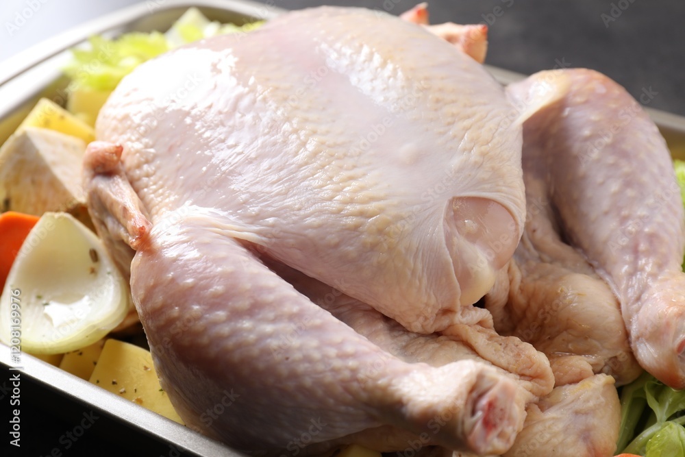 Raw turkey and vegetables in baking dish on grey table, closeup Raw turkey and vegetables in baking dish on grey table, closeup