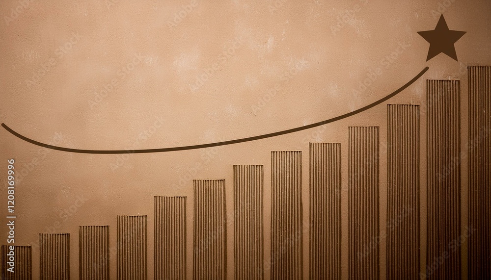 Obraz premium 갈색 톤의 빈티지 배경 위에 깔끔하게 그려진 상승 그래프, 선 끝에 작은 별이 반짝임
