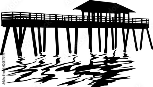 Silhouette of a Pier with Reflective Water Surface, Ideal for Coastal and Nautical Themes