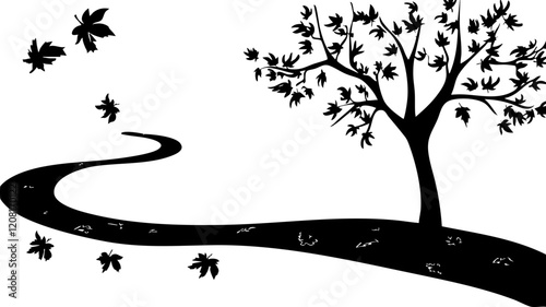 Stylized silhouette of a winding path with a tree and falling leaves, ideal for autumn-themed designs and nature illustrations.