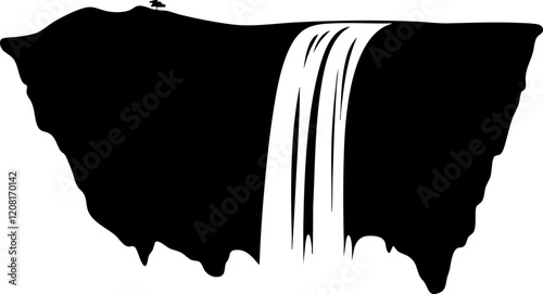 Stylized black-and-white waterfall illustration, emphasizes flow and nature, ideal for environmental projects and artistic designs.