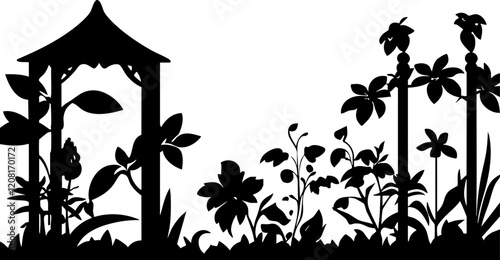 Silhouette of a Garden Pavilion Surrounded by Various Plants and Flowers, Ideal for Nature-Themed Designs