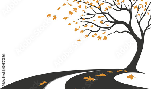 Minimalist autumn road with a stylized tree losing orange leaves; perfect for seasonal themes and nature concepts.