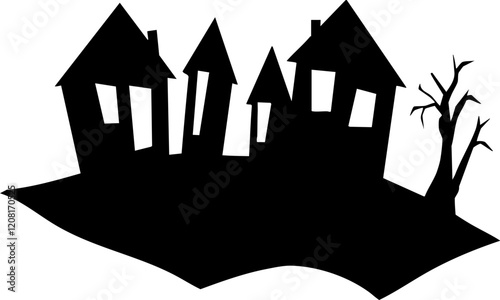 Silhouetted Houses on a Hill: A Spooky Scene Ideal for Halloween Themes and Decorations