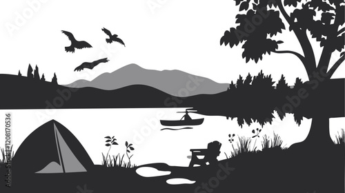 Silhouette of a Serene Lake Landscape: A Tranquil Scene Featuring Mountains, Birds, and Camping Elements for Nature Imagery.