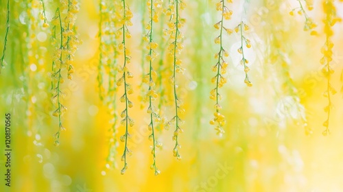 Yellow flowers hanging, garden, sunny bokeh background, spring nature, website banner