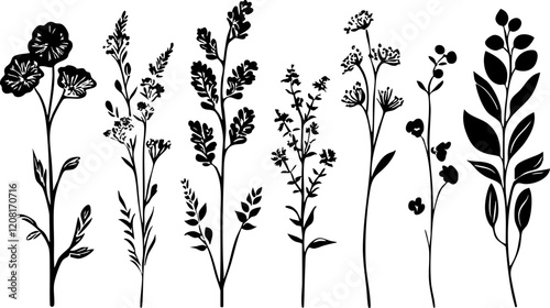 Elegant Black Silhouettes of Various Floral Designs for Graphic Uses