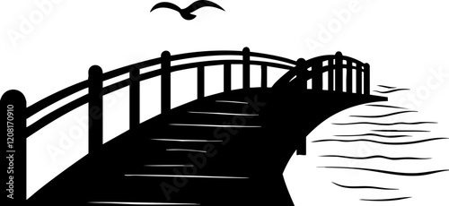 Silhouette of a wooden bridge over water with a flying bird, perfect for nature and travel themes.