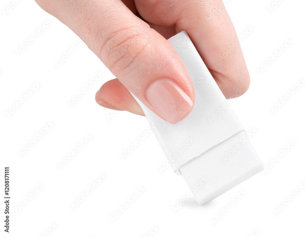 Woman using eraser on white background, closeup Woman using eraser on white background, closeup