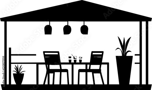 Minimalist Silhouette of a Cozy Outdoor Dining Space with Plants and Tables Ideal for Relaxation.