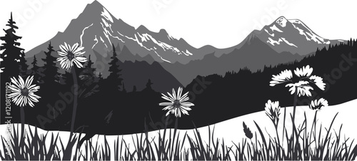 Black and White Landscape: Majestic Mountains and Wildflowers in a Serene Nature Setting for Artistic Inspiration